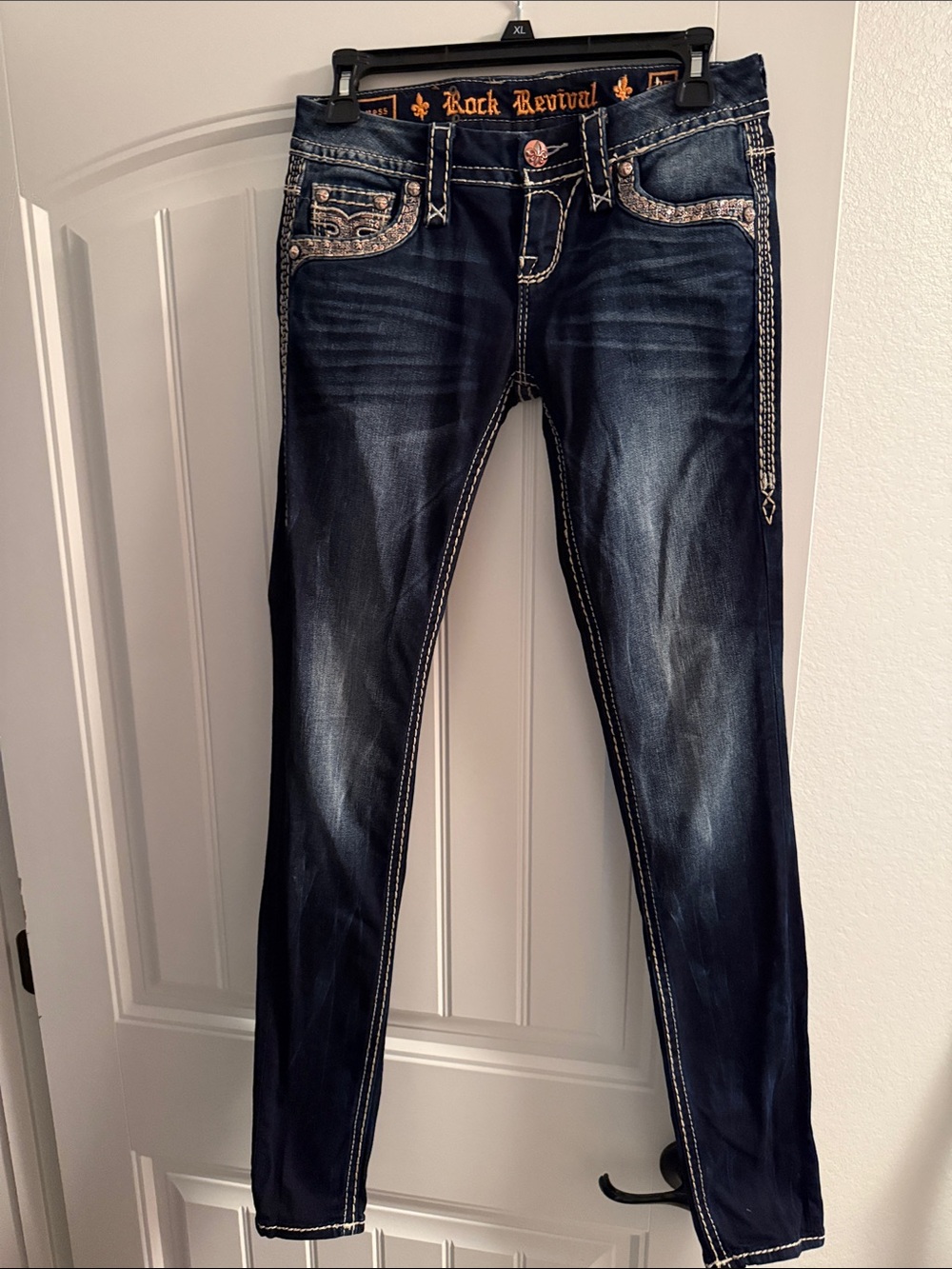 LIKE NEW. Rock Revival Vaness Women's Dark Blue Embellished Skinny Jeans